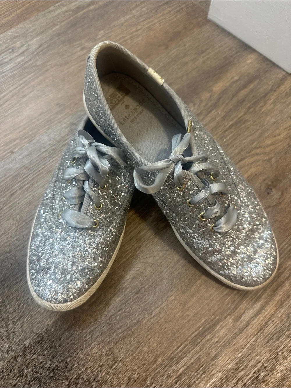 Keds and Kate Spade Sparkle Silver Glitter Lace-Up Sneakers - Women's